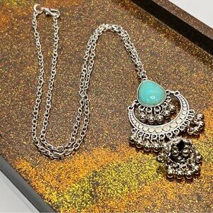 Elegant Silver Tone and Turquoise Stone Pendant Necklace